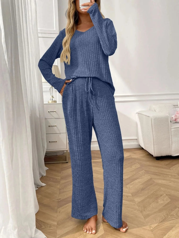 Ribbed Long Sleeve Top and Pants Lounge Set - ShalayeFashion