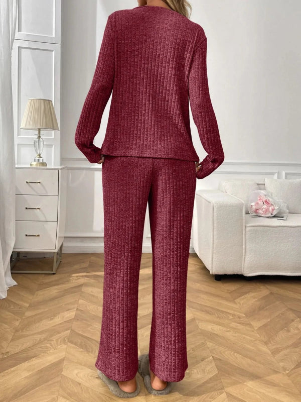 Ribbed Long Sleeve Top and Pants Lounge Set - ShalayeFashion