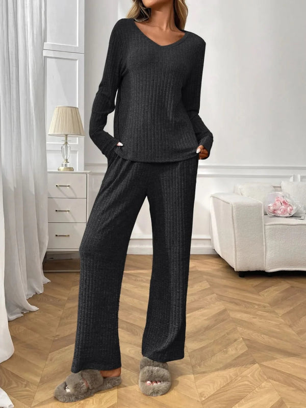 Ribbed Long Sleeve Top and Pants Lounge Set - ShalayeFashion