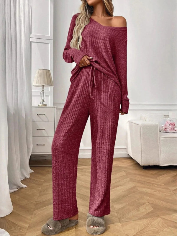 Ribbed Long Sleeve Top and Pants Lounge Set - ShalayeFashion