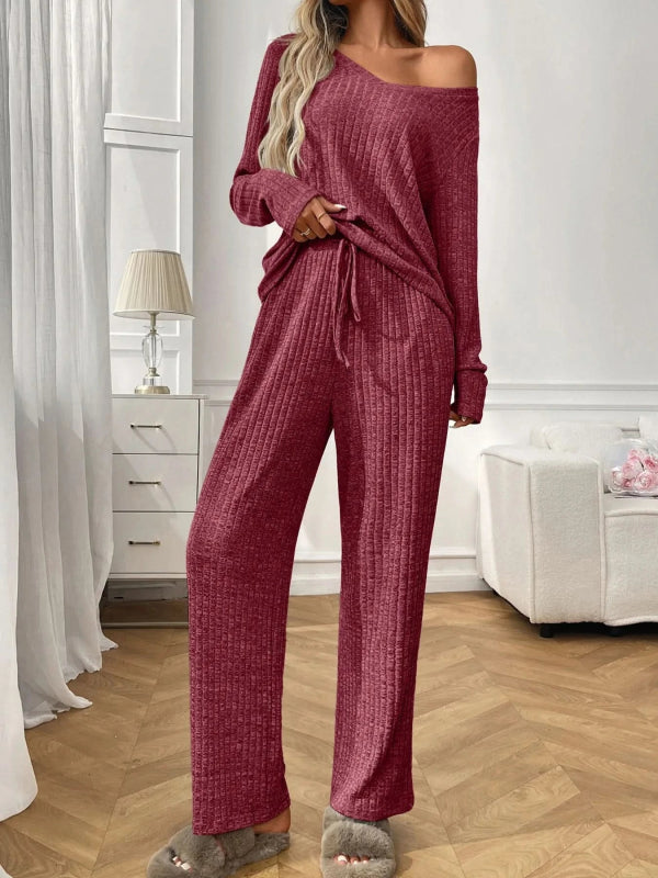 Ribbed Long Sleeve Top and Pants Lounge Set - ShalayeFashion