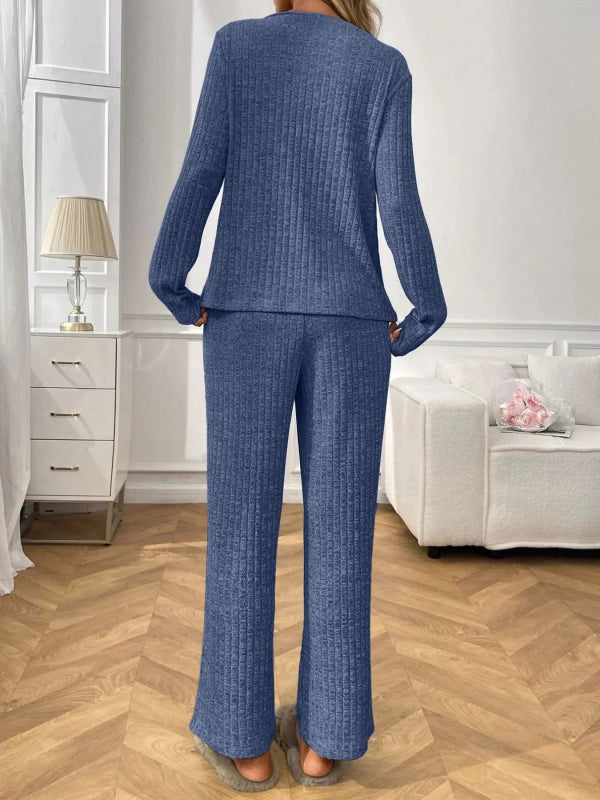Ribbed Long Sleeve Top and Pants Lounge Set - ShalayeFashion