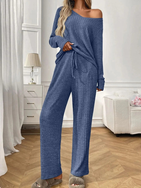 Ribbed Long Sleeve Top and Pants Lounge Set - ShalayeFashion