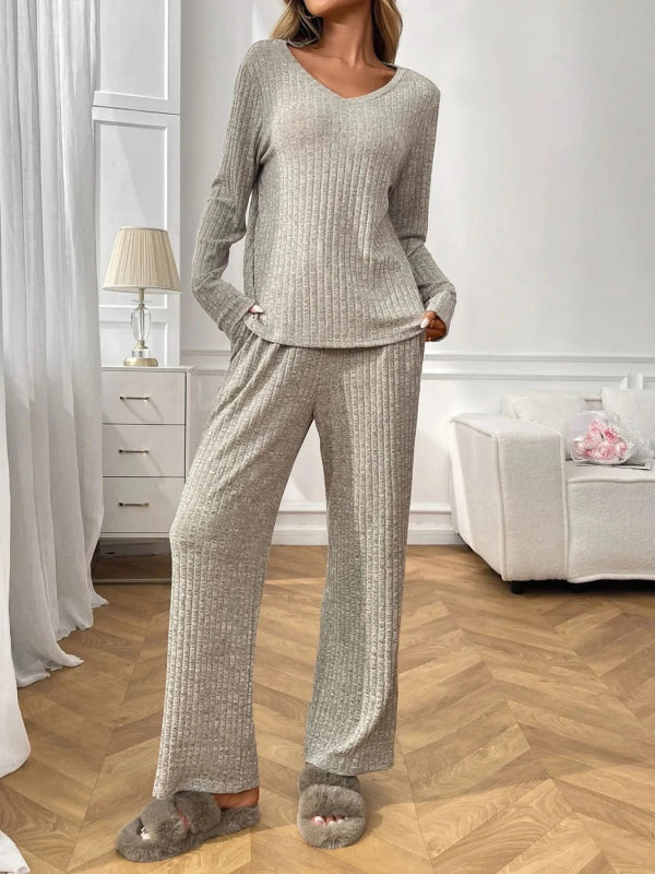 Ribbed Long Sleeve Top and Pants Lounge Set - ShalayeFashion