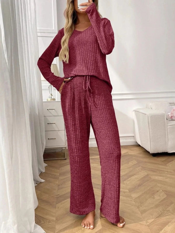 Ribbed Long Sleeve Top and Pants Lounge Set - ShalayeFashion