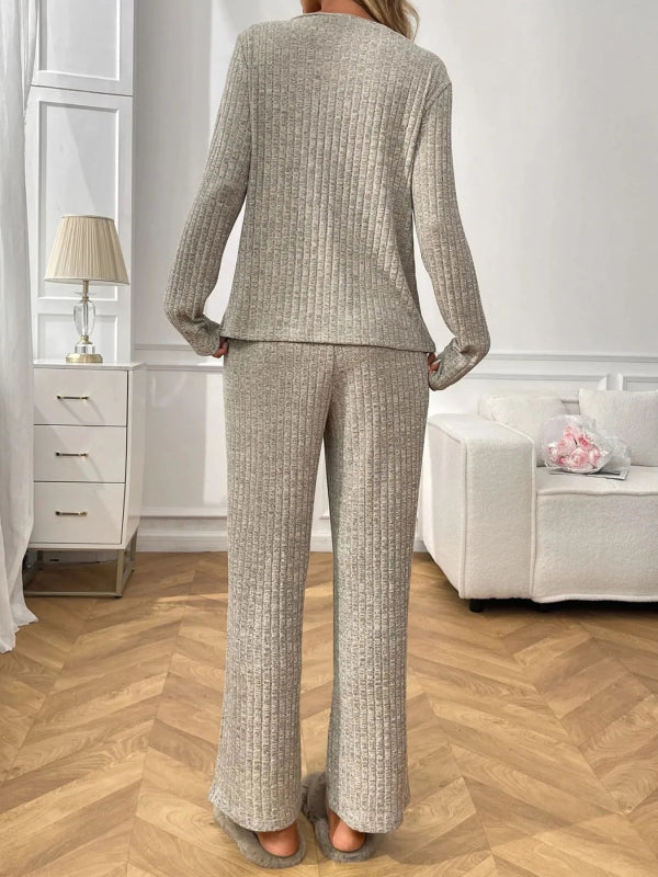 Ribbed Long Sleeve Top and Pants Lounge Set - ShalayeFashion