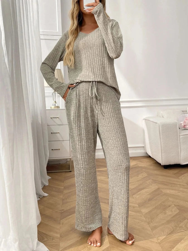Ribbed Long Sleeve Top and Pants Lounge Set - ShalayeFashion