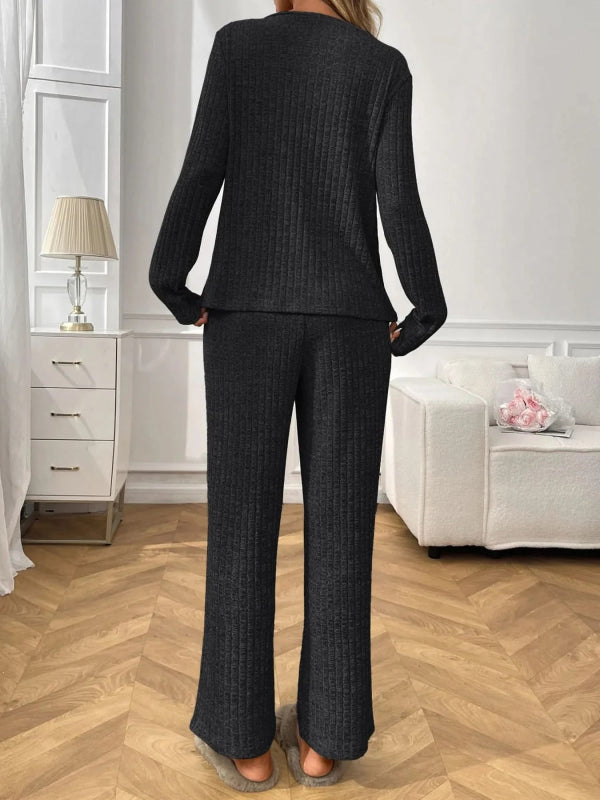 Ribbed Long Sleeve Top and Pants Lounge Set - ShalayeFashion
