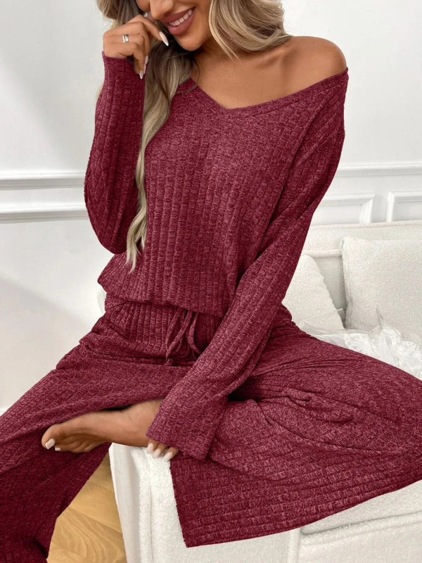 Ribbed Long Sleeve Top and Pants Lounge Set - ShalayeFashion