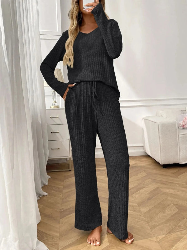 Ribbed Long Sleeve Top and Pants Lounge Set - ShalayeFashion