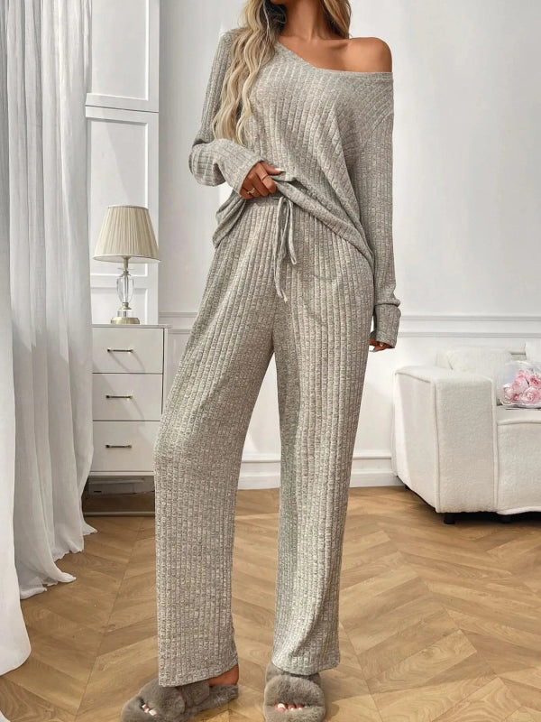 Ribbed Long Sleeve Top and Pants Lounge Set - ShalayeFashion
