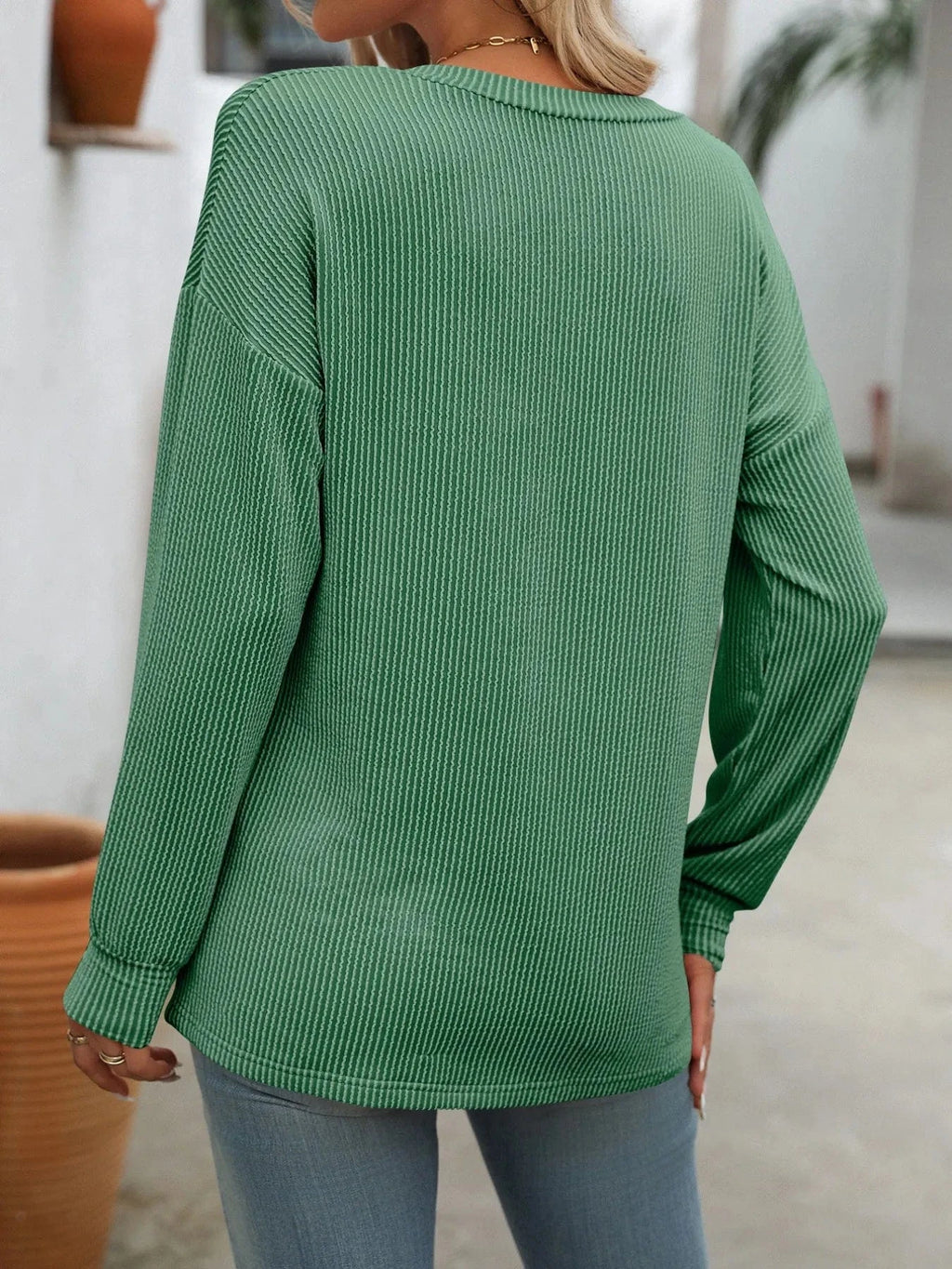 Ribbed V - Neck Long Sleeve T-Shirt - ShalayeFashion