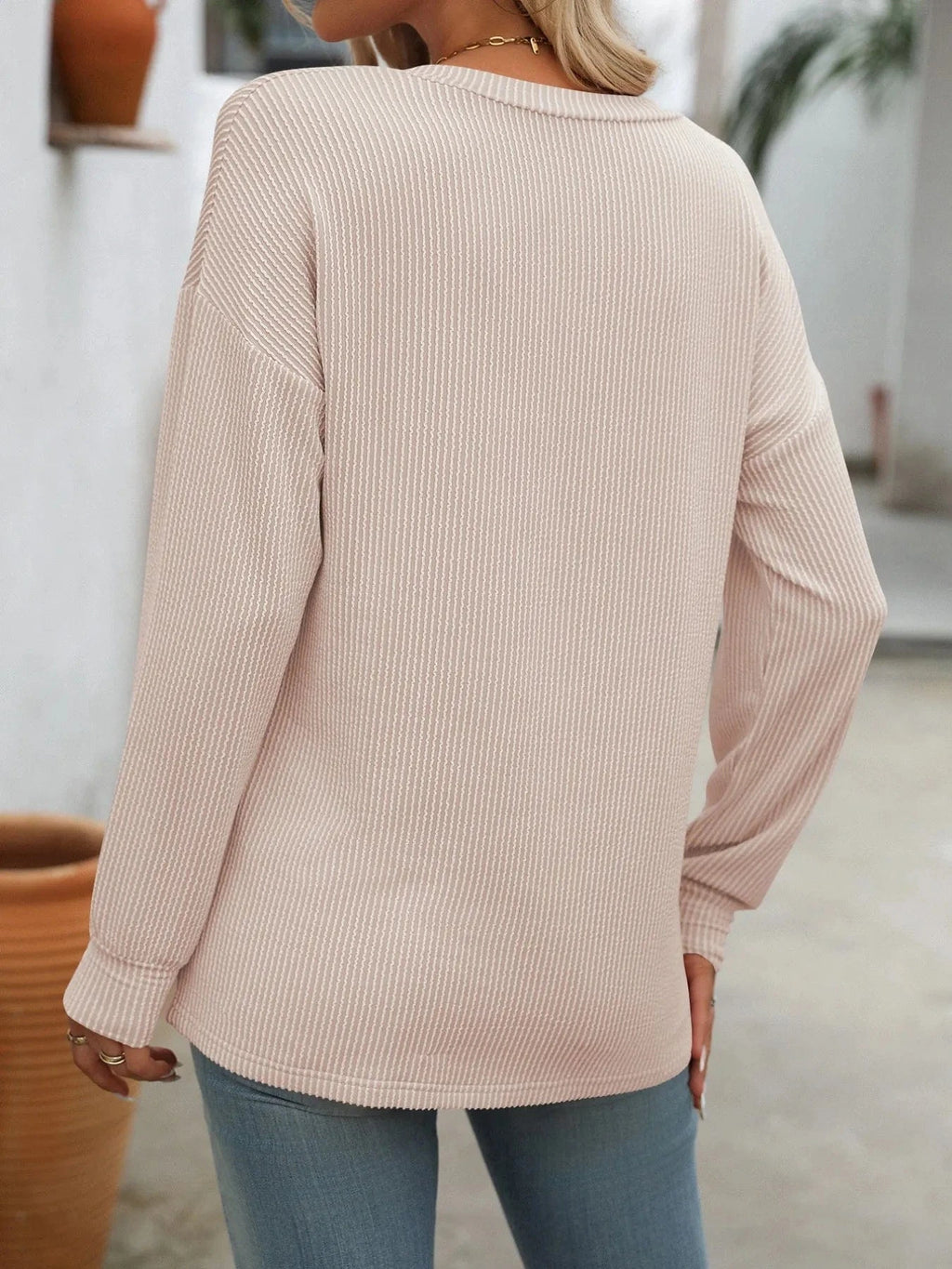 Ribbed V - Neck Long Sleeve T-Shirt - ShalayeFashion