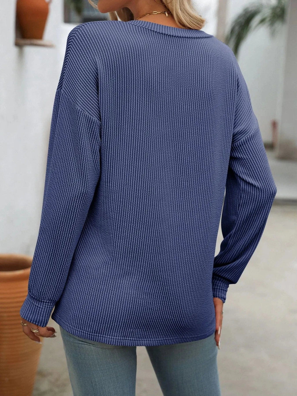 Ribbed V - Neck Long Sleeve T-Shirt - ShalayeFashion