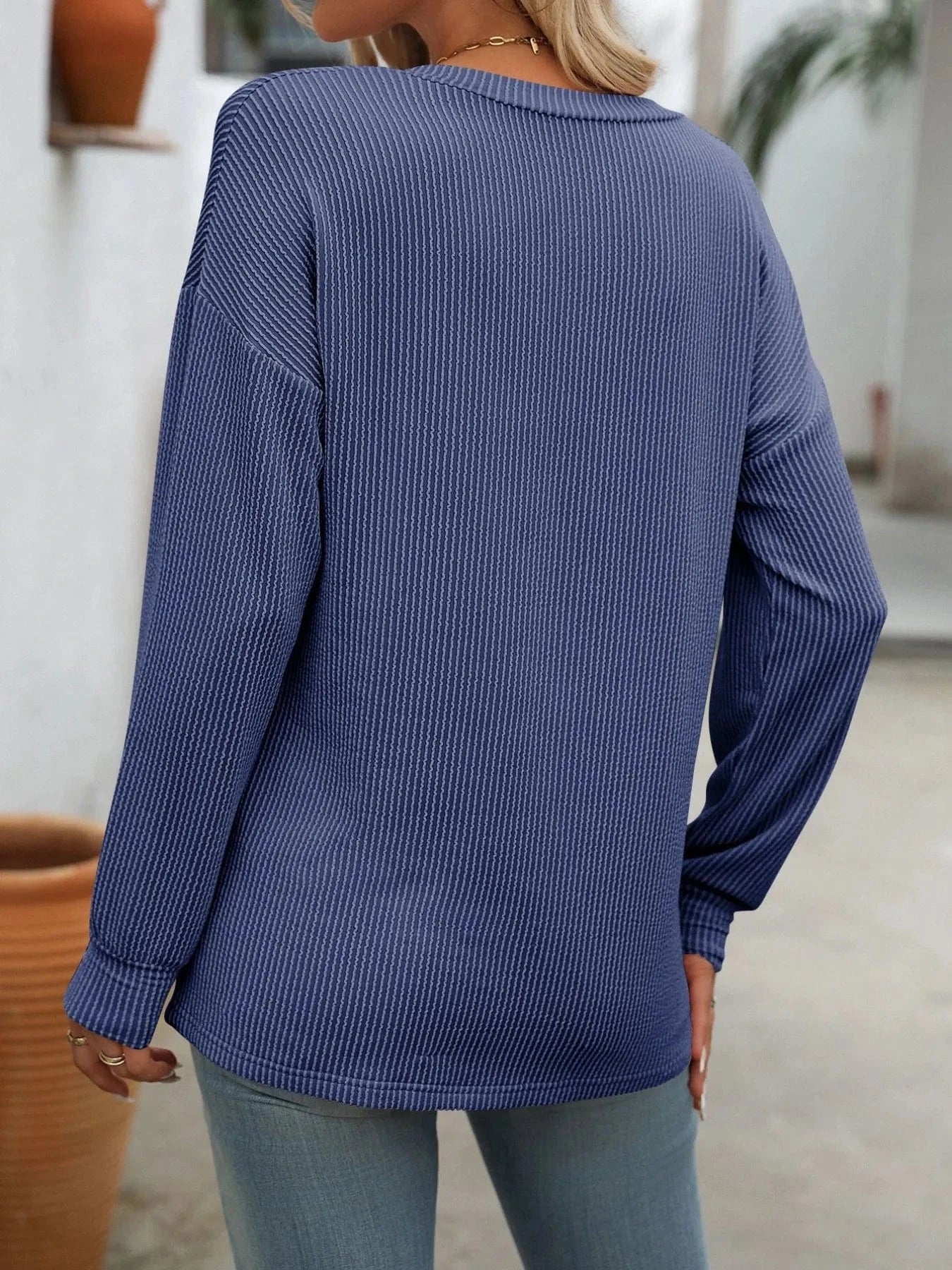 Ribbed V - Neck Long Sleeve T-Shirt - ShalayeFashion