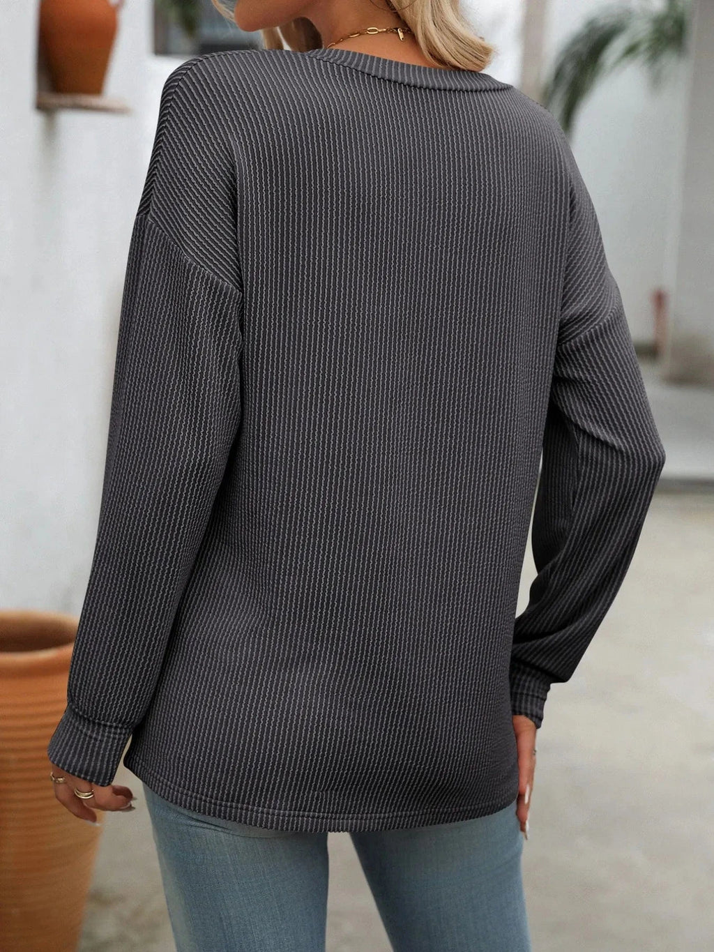 Ribbed V - Neck Long Sleeve T-Shirt - ShalayeFashion