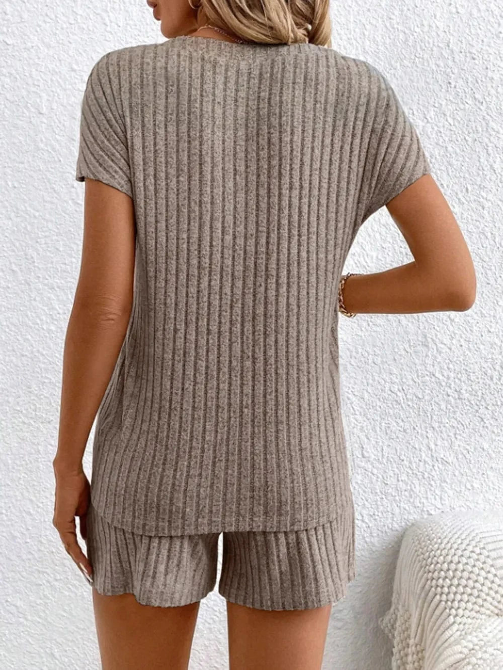Ribbed V - Neck Top and Shorts Set - ShalayeFashion