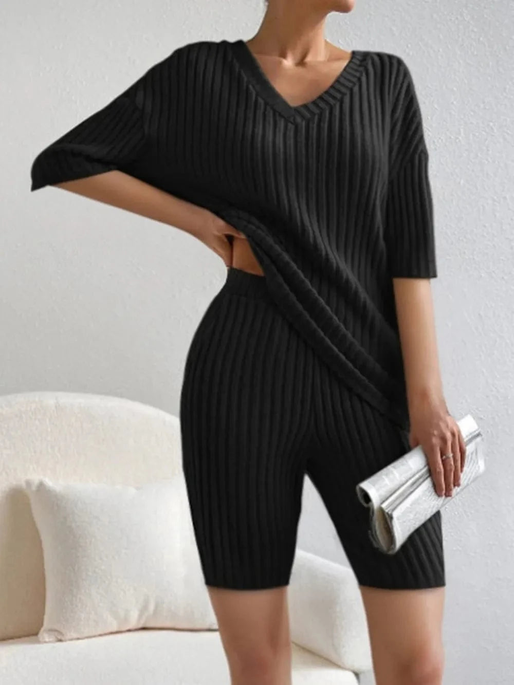 Ribbed V - Neck Top and Shorts Set - ShalayeFashion