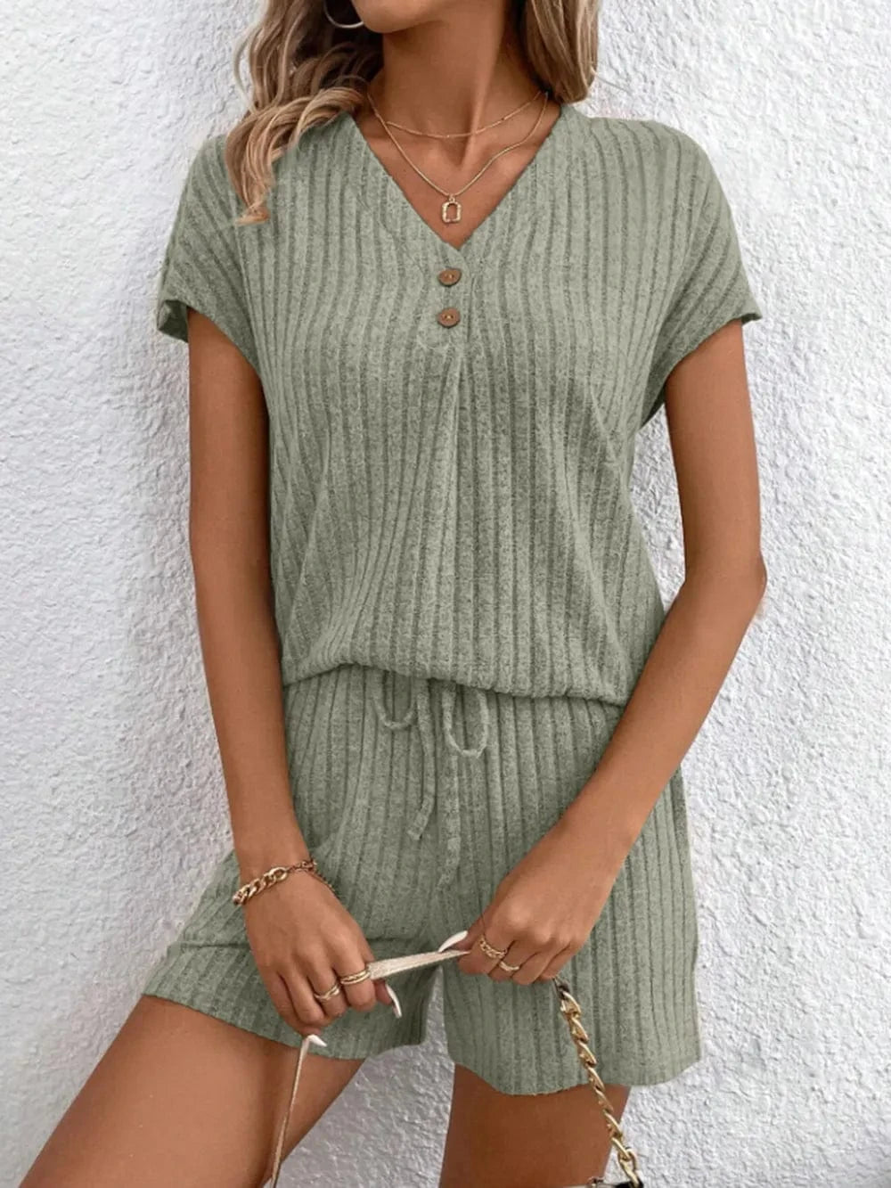 Ribbed V - Neck Top and Shorts Set - ShalayeFashion