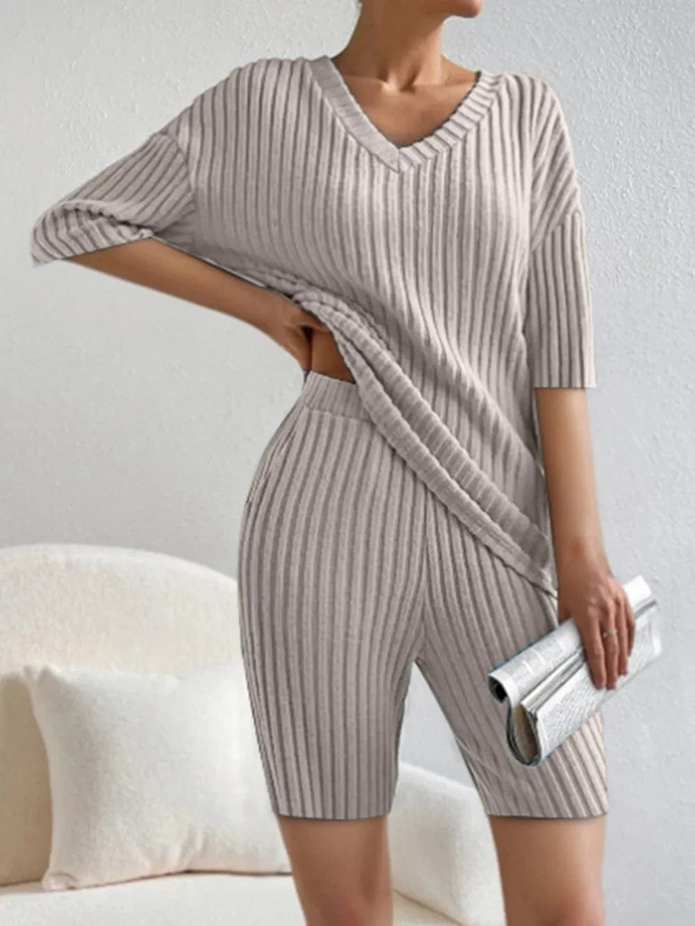 Ribbed V - Neck Top and Shorts Set - ShalayeFashion