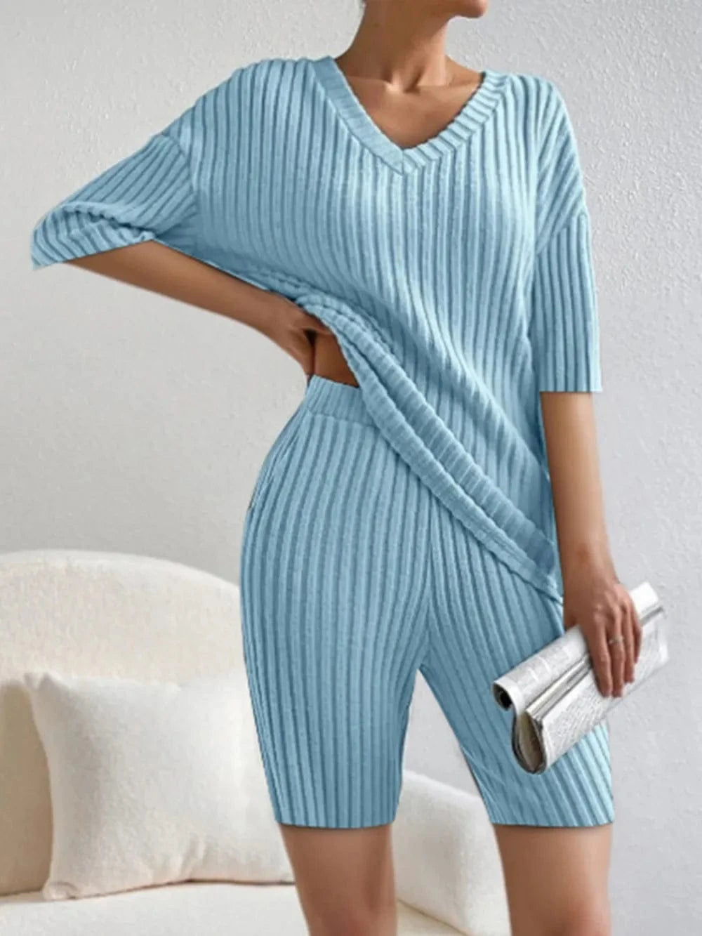 Ribbed V - Neck Top and Shorts Set - ShalayeFashion