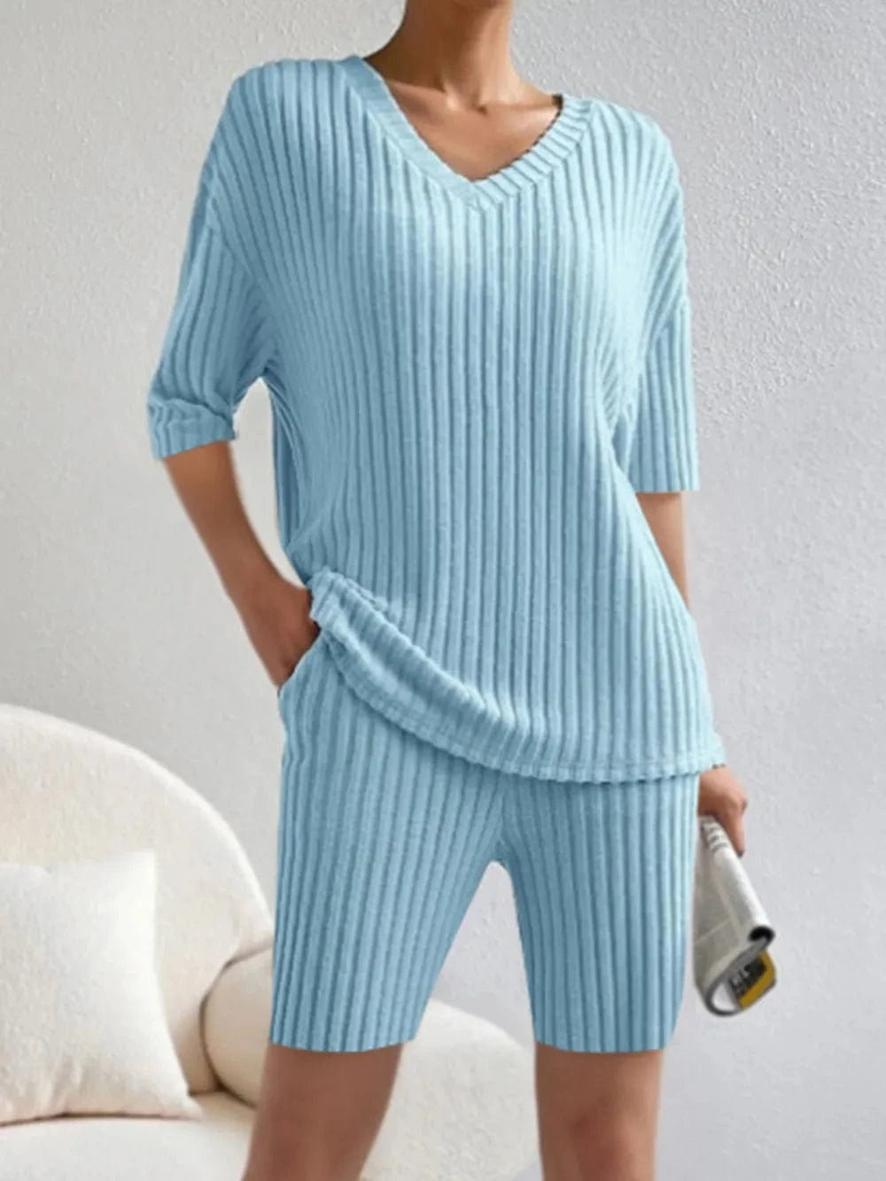 Ribbed V - Neck Top and Shorts Set - ShalayeFashion