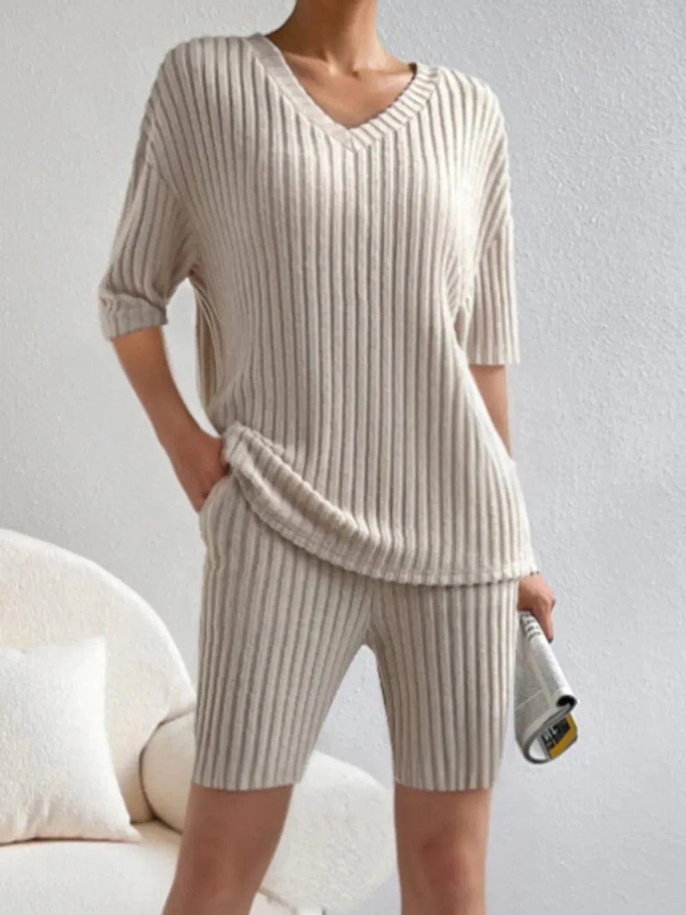 Ribbed V - Neck Top and Shorts Set - ShalayeFashion