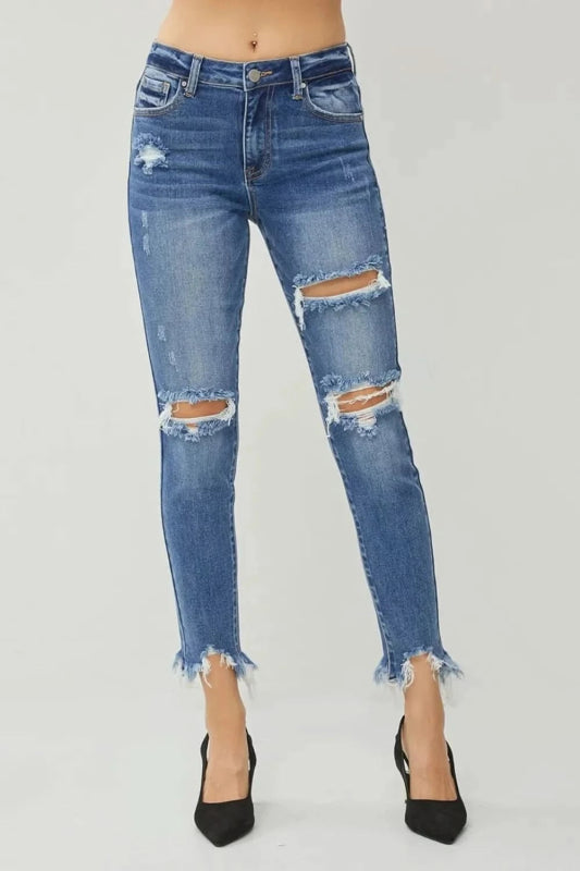 RISEN Distressed Frayed Hem Slim Jeans - ShalayeFashion