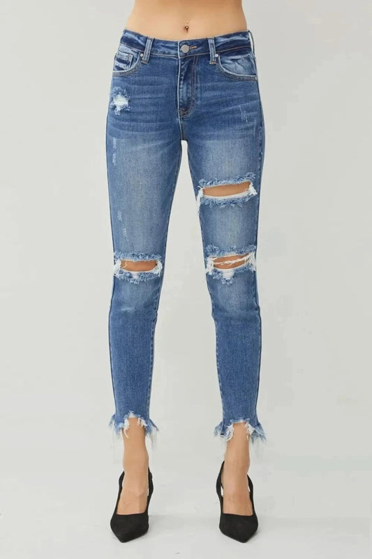 RISEN Distressed Frayed Hem Slim Jeans - ShalayeFashion