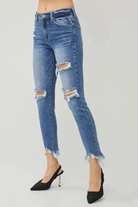 RISEN Distressed Frayed Hem Slim Jeans - ShalayeFashion