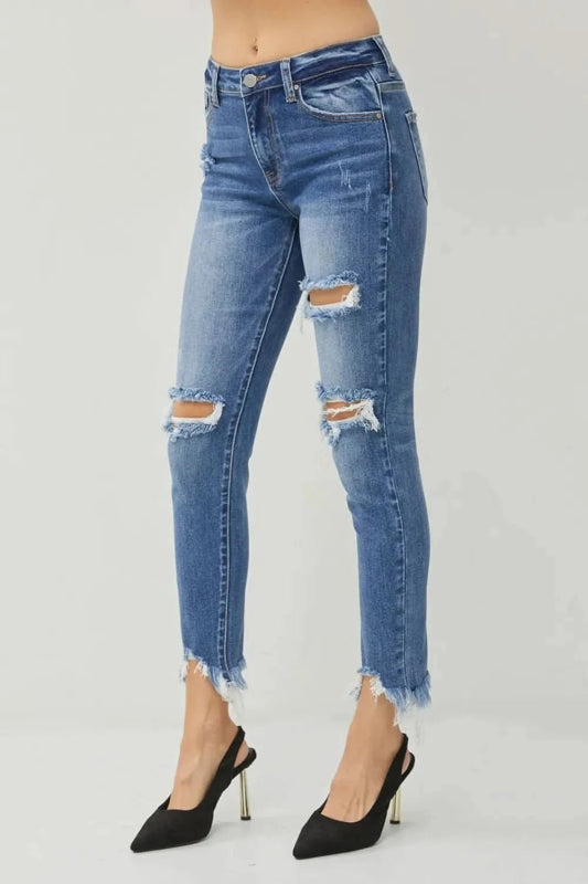 RISEN Distressed Frayed Hem Slim Jeans - ShalayeFashion