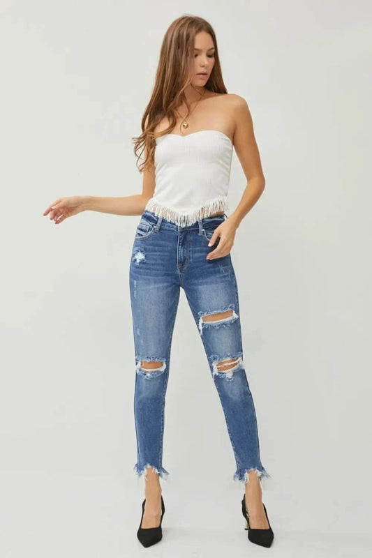 RISEN Distressed Frayed Hem Slim Jeans - ShalayeFashion
