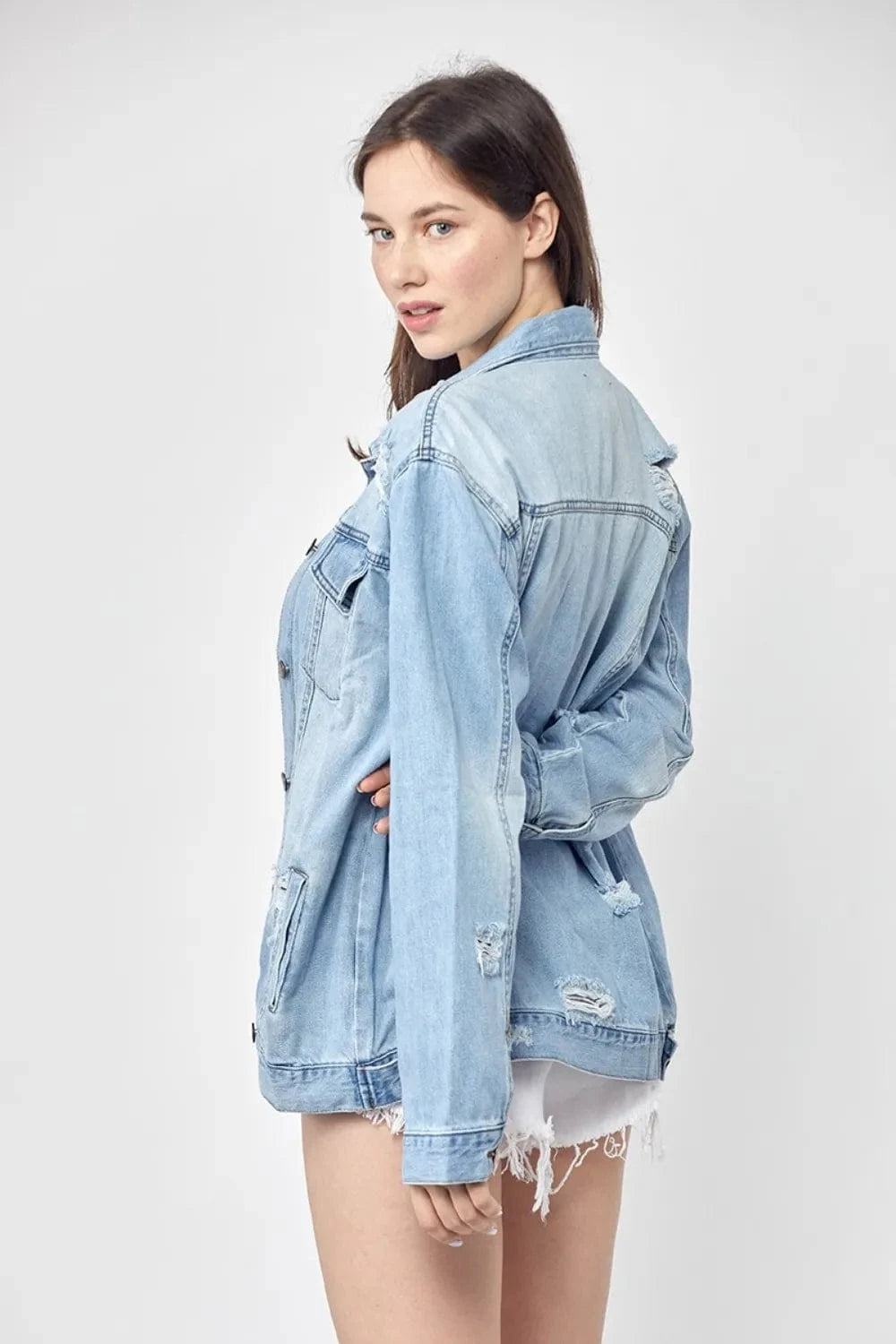 RISEN Full Size Distressed Long Sleeve Denim Jacket Plus Size - ShalayeFashion