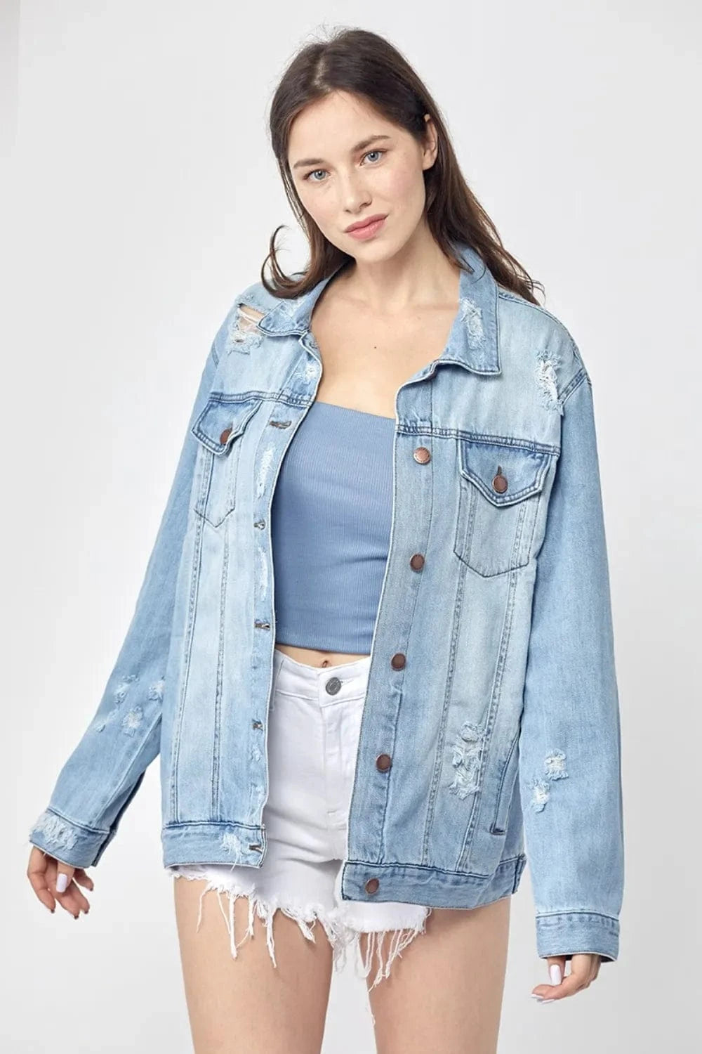 RISEN Full Size Distressed Long Sleeve Denim Jacket Plus Size - ShalayeFashion