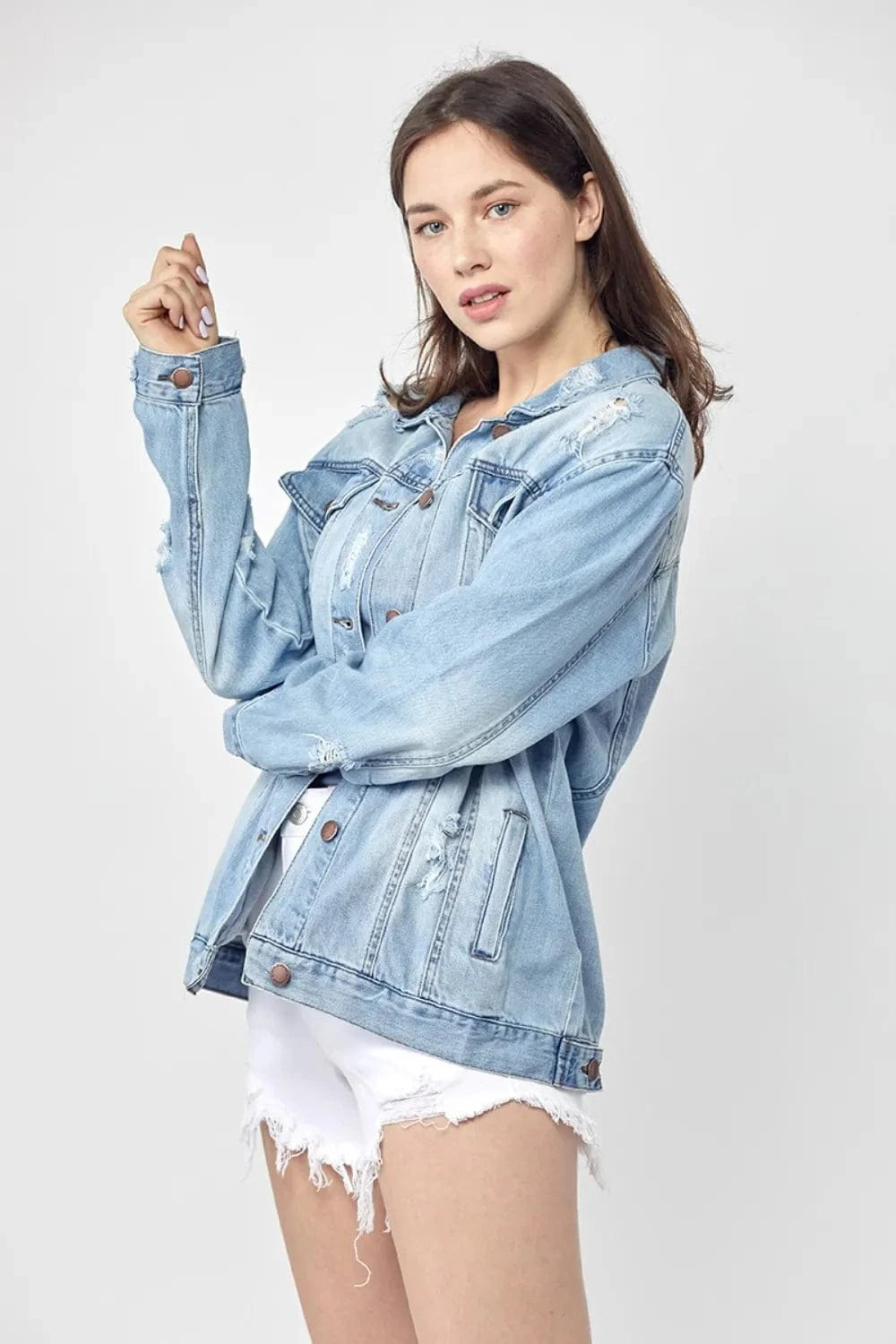 RISEN Full Size Distressed Long Sleeve Denim Jacket Plus Size - ShalayeFashion