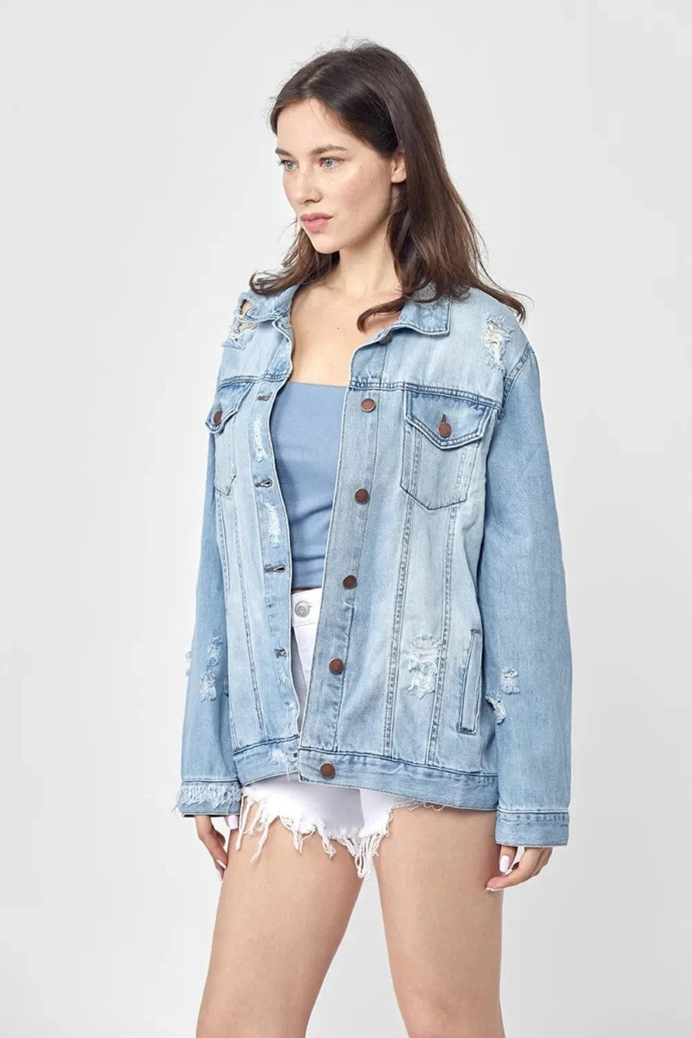 RISEN Full Size Distressed Long Sleeve Denim Jacket Plus Size - ShalayeFashion