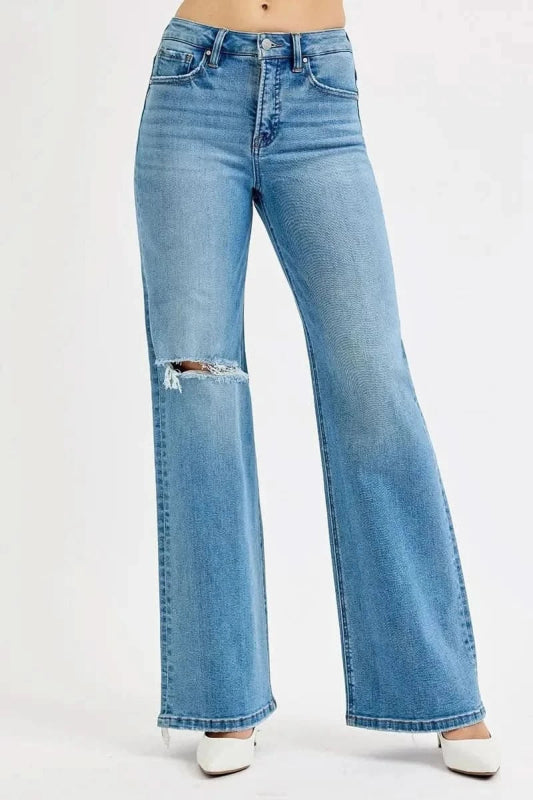 RISEN Full Size Distressed Wide Leg Jeans Plus Size - ShalayeFashion