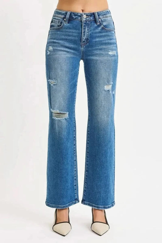 RISEN Full Size High Rise Ankle Straight Front Body Distressed Jeans Plus Size - ShalayeFashion