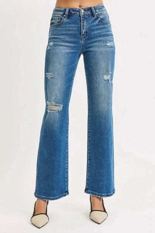 RISEN Full Size High Rise Ankle Straight Front Body Distressed Jeans Plus Size - ShalayeFashion