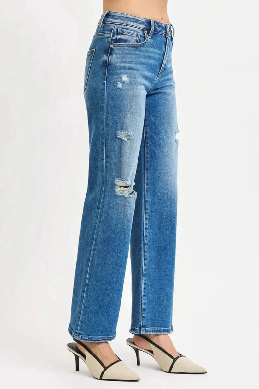 RISEN Full Size High Rise Ankle Straight Front Body Distressed Jeans Plus Size - ShalayeFashion