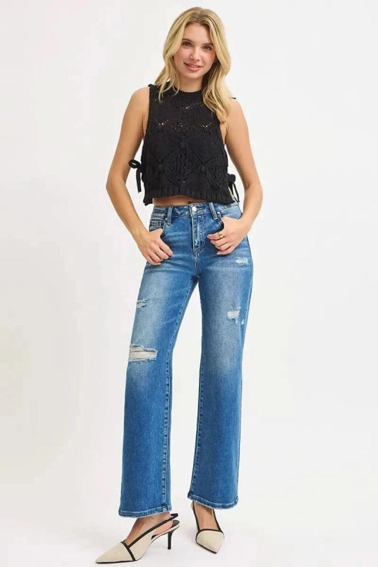 RISEN Full Size High Rise Ankle Straight Front Body Distressed Jeans Plus Size - ShalayeFashion