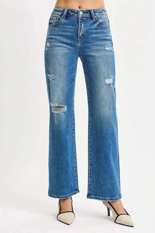 RISEN Full Size High Rise Ankle Straight Front Body Distressed Jeans Plus Size - ShalayeFashion