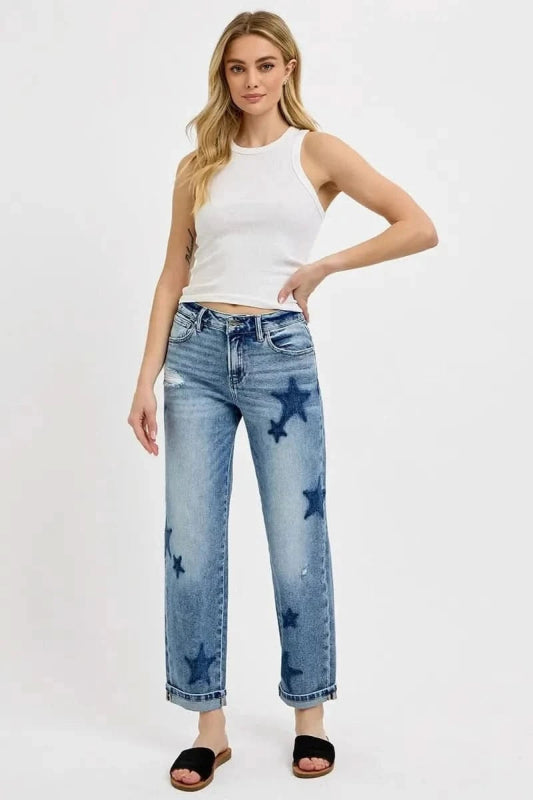 RISEN Full Size Mid Rise Boyfriend Star Shadow Detail Cuffed Jeans Plus Size - ShalayeFashion