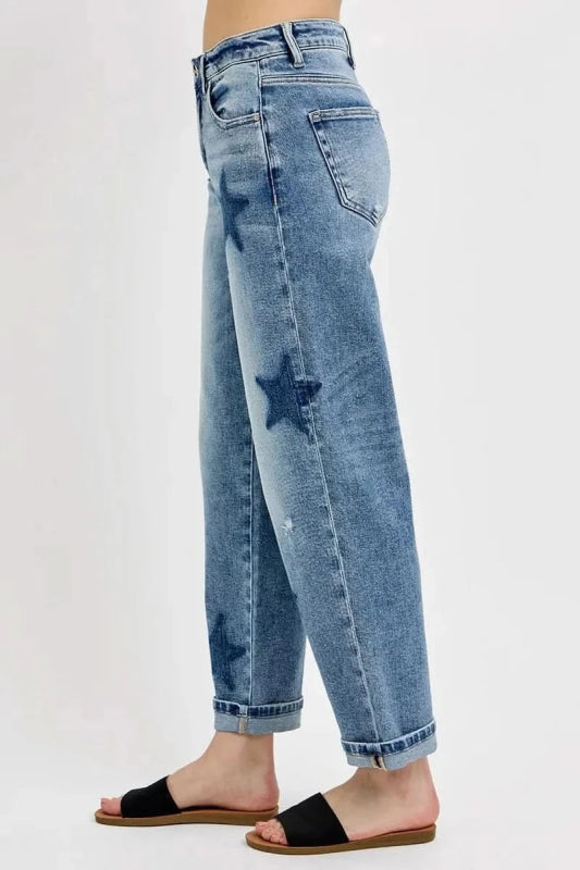 RISEN Full Size Mid Rise Boyfriend Star Shadow Detail Cuffed Jeans Plus Size - ShalayeFashion