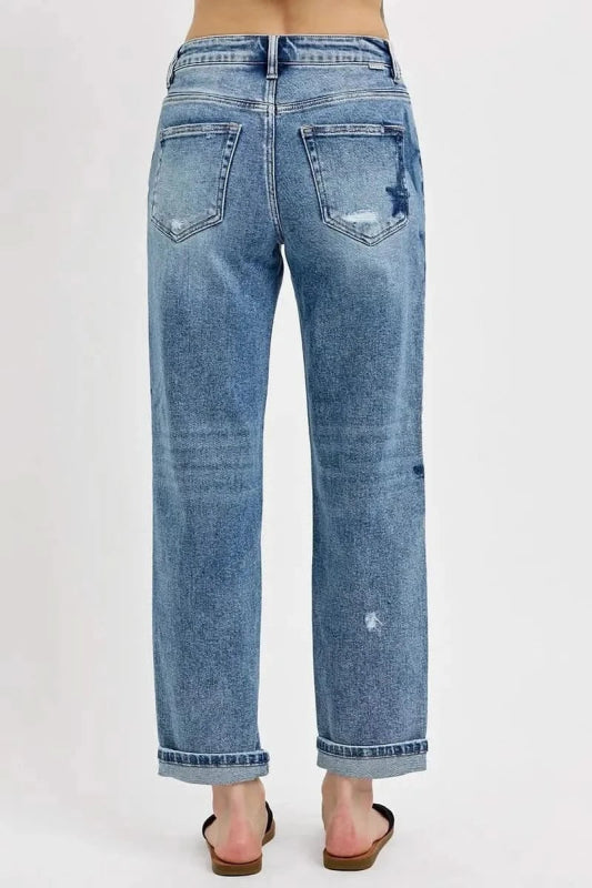 RISEN Full Size Mid Rise Boyfriend Star Shadow Detail Cuffed Jeans Plus Size - ShalayeFashion