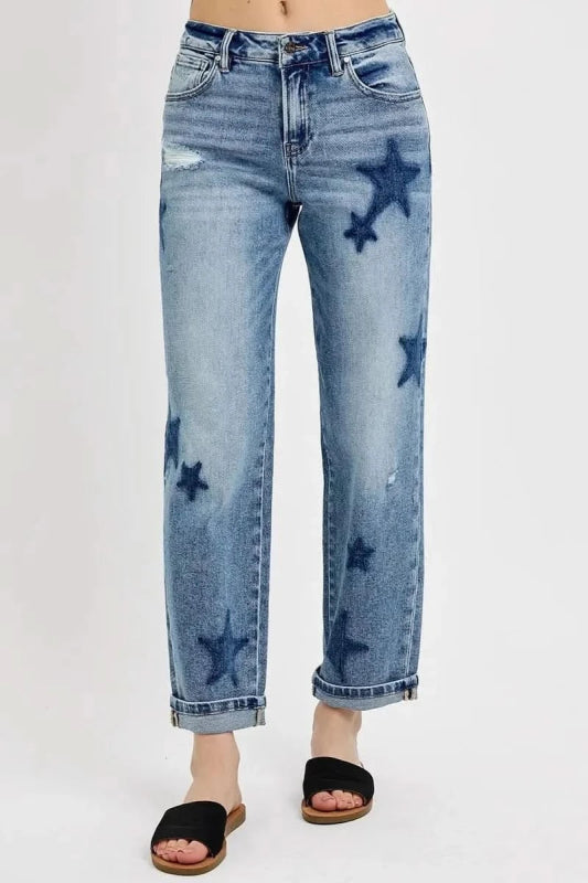 RISEN Full Size Mid Rise Boyfriend Star Shadow Detail Cuffed Jeans Plus Size - ShalayeFashion
