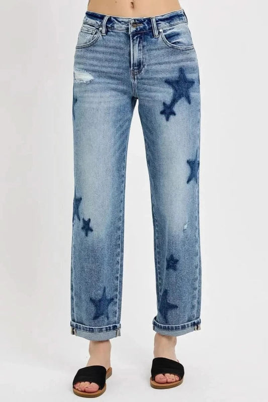 RISEN Full Size Mid Rise Boyfriend Star Shadow Detail Cuffed Jeans Plus Size - ShalayeFashion