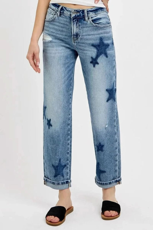 RISEN Full Size Mid Rise Boyfriend Star Shadow Detail Cuffed Jeans Plus Size - ShalayeFashion