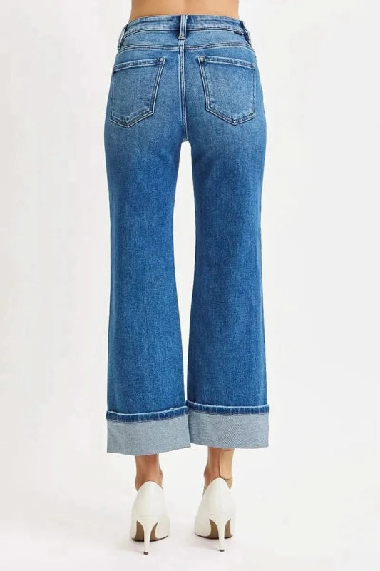 RISEN Full Size Mid Rise Crop Straight Cuffed Jeans Plus Size - ShalayeFashion