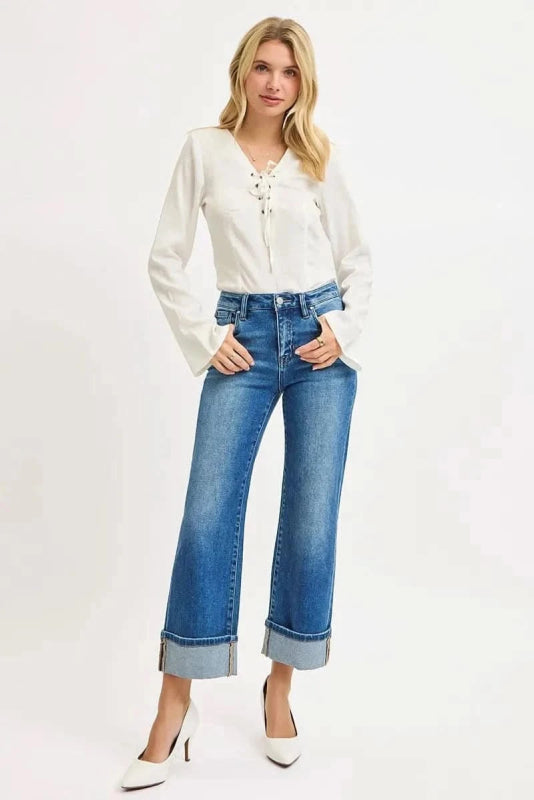 RISEN Full Size Mid Rise Crop Straight Cuffed Jeans Plus Size - ShalayeFashion